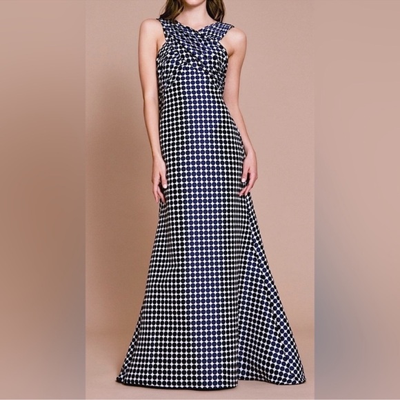 Tadashi Shoji Blue & White Polka Dot Open Back Bow Embellished Maxi Halter  Gown